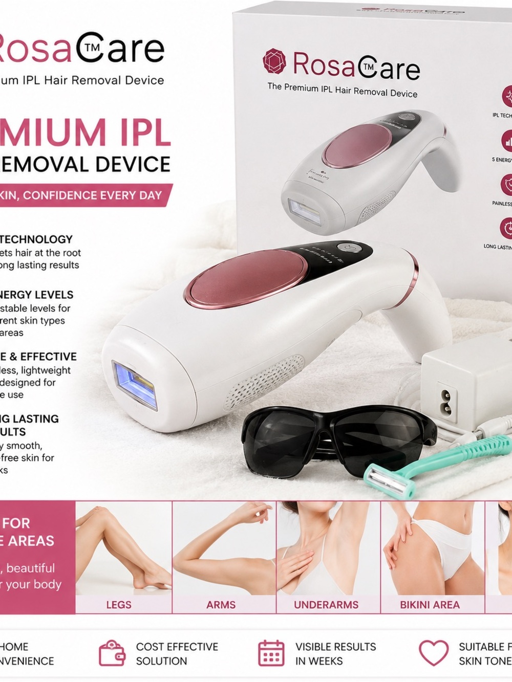 Premium IPL Hair Removal Device - White with Pink Accents
